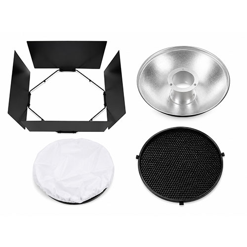 بیوتی دیش 50 سانتی‌متر Beauty Dish 50cm with Barn Door به همراه بارندور، گرید زنبوری و دیفیوزر