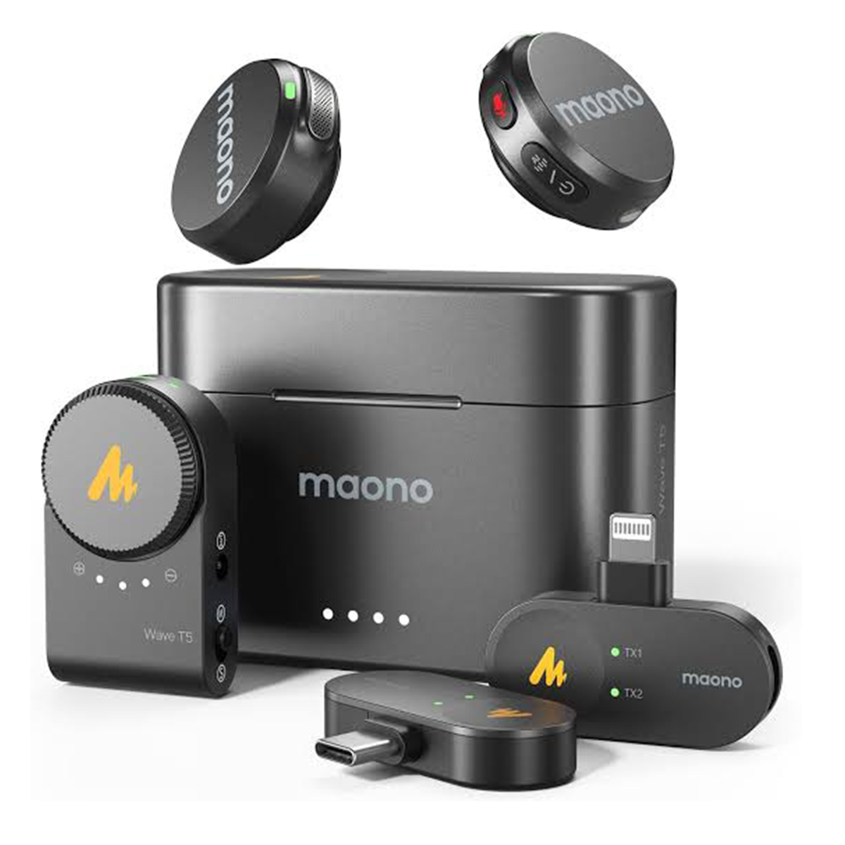میکروفن بی‌سیم دو نفره مائونو Maono Wave T5 Combo برای دوربین و موبایل با پورت Lightning و USB‑C